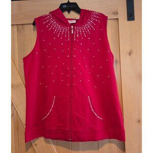 Quacker Factory Size L Zip Front Rhinestone Pearly Hooded Vest Red